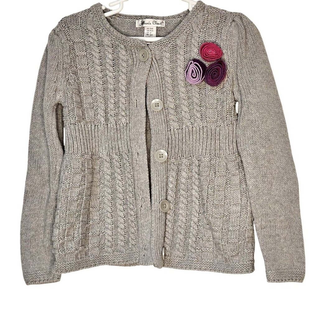 Girls Jillians Closet cable knit basketweave pattern floral rosette sweater S 4